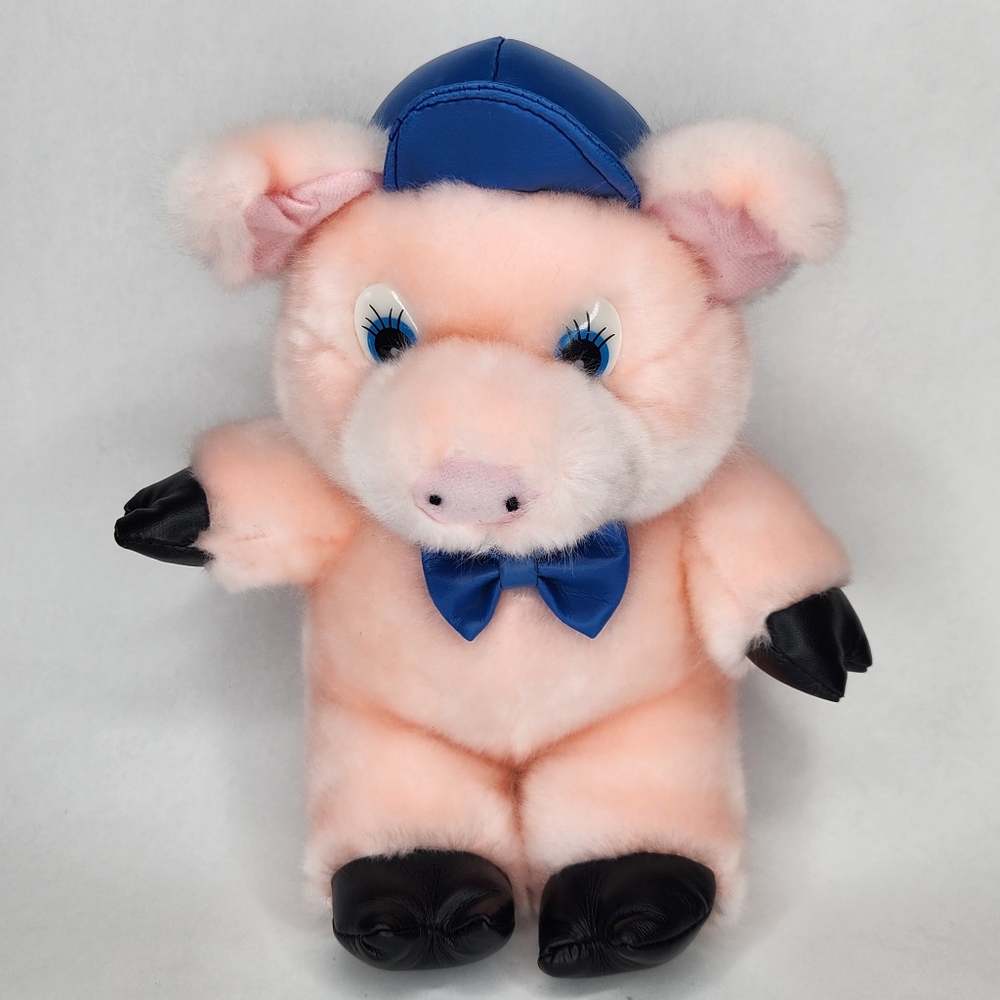 90s Vintage Plush Pig Wearing Ball Cap and Bowtie